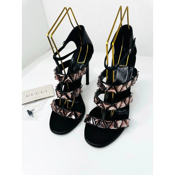 GUCCI Charlotte Black Leather Pink Crystal Jeweled Strappy Sandals Pump EU 39.5 - Picture 4 of 11